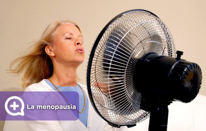 Mujer delante del ventilador, con sofocos cuando tiene la menopausia. Hormonas revolucionadas.