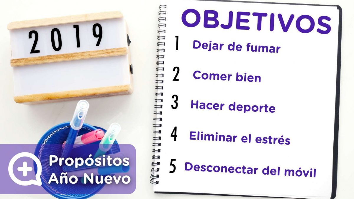 Propósitos Año Nuevo, dejar de fumar, comer bien, hacer deporte, eliminar el estrés, desconectar del móvil. MediQuo Tu amigo médico. Chat médico. Nutrición, Deporte, Estrés, Psicología