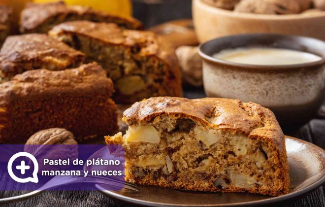 Receta, pastel de plátano, manzana y nueces. Repostería. Mediquo. Salud. Nutrición.