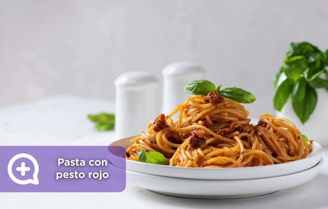 pasta pesto rojo con albahaca, receta, recetas fáciles, mediquo, nutrición, salud