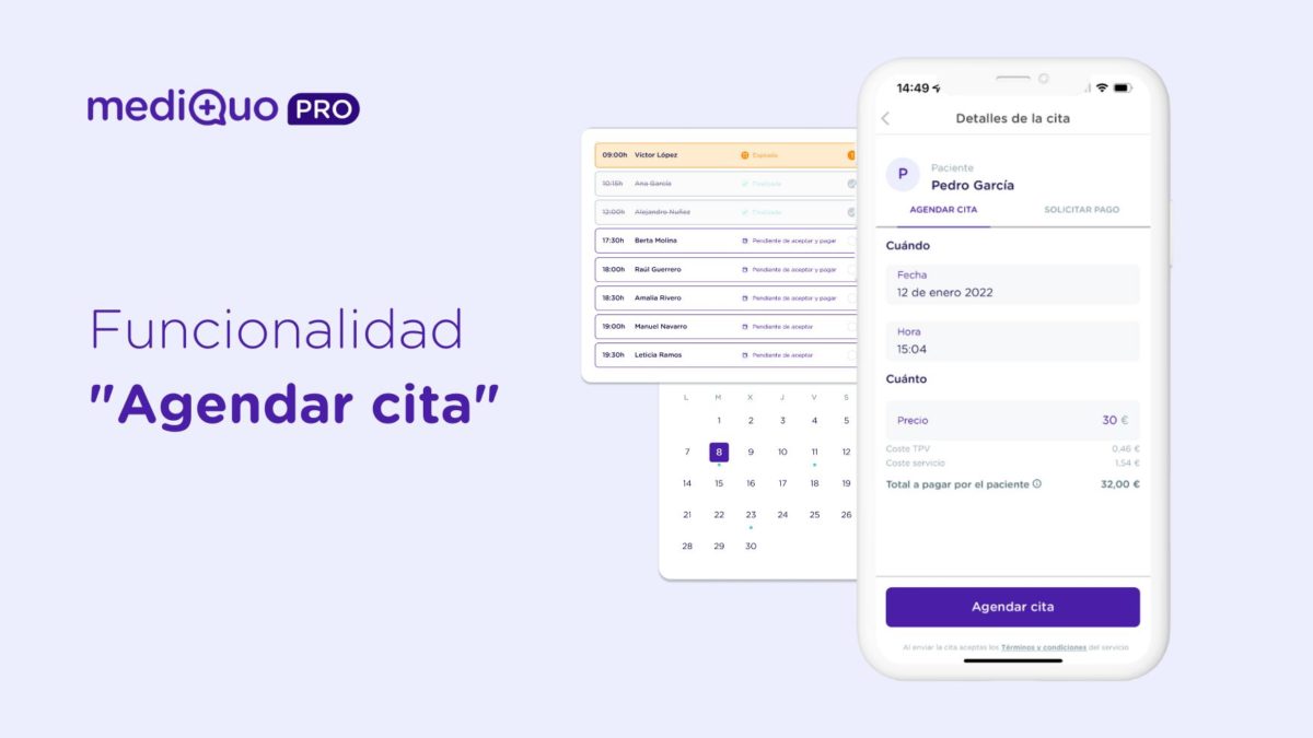 Funcionalidad Agendar cita. MediQuo PRO plataforma para médicos, clínicas y hospitales.