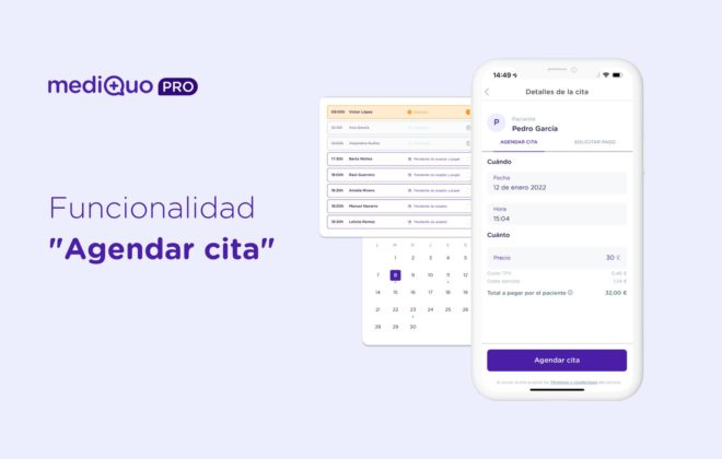 Funcionalidad Agendar cita. MediQuo PRO plataforma para médicos, clínicas y hospitales.