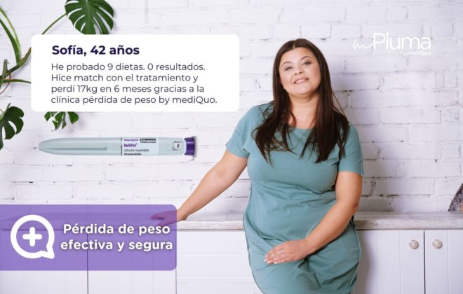 Método pluma Pérdida de peso efectiva y segura. El método pluma para perder peso. Te hacemos tu receta GLP-1 GIP. Mounjaro Tirzepatida y Wegovy Semaglutida. Método pluma by mediQuo. Clínica Pérdida de peso by mediQuo. Inyecciones recetadas clínica pérdida de peso. Pierde peso con el método pluma. Clínica Pérdida de peso. Consulta online. MediQuo. Liraglutida, semaglutida, tirzepatida. Ozempic, Wegovy, Saxenda, Mounjaro. Clínica Pérdida de peso by mediQuo - Método pluma