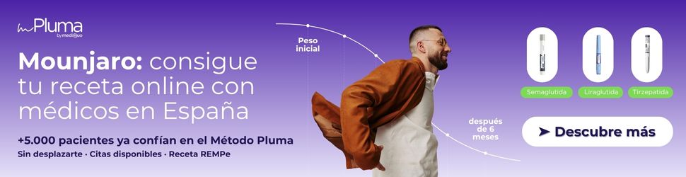 Banner del Método Pluma by mediQuo con mensaje “Mounjaro receta: consulta online con médicos en España” y botón de descubre más. Imagen de paciente feliz y evolución del peso.