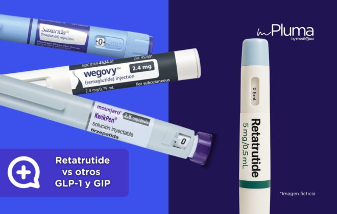 Retatrutide vs otros GLP-1 y GIP. Médicos para bajar de peso Método pluma. Mounjaro, Wegovy, Saxenda, Ozempic. Clínica Pérdida de peso. Consulta online. MediQuo. Liraglutida, semaglutida, tirzepatida. Glucagón