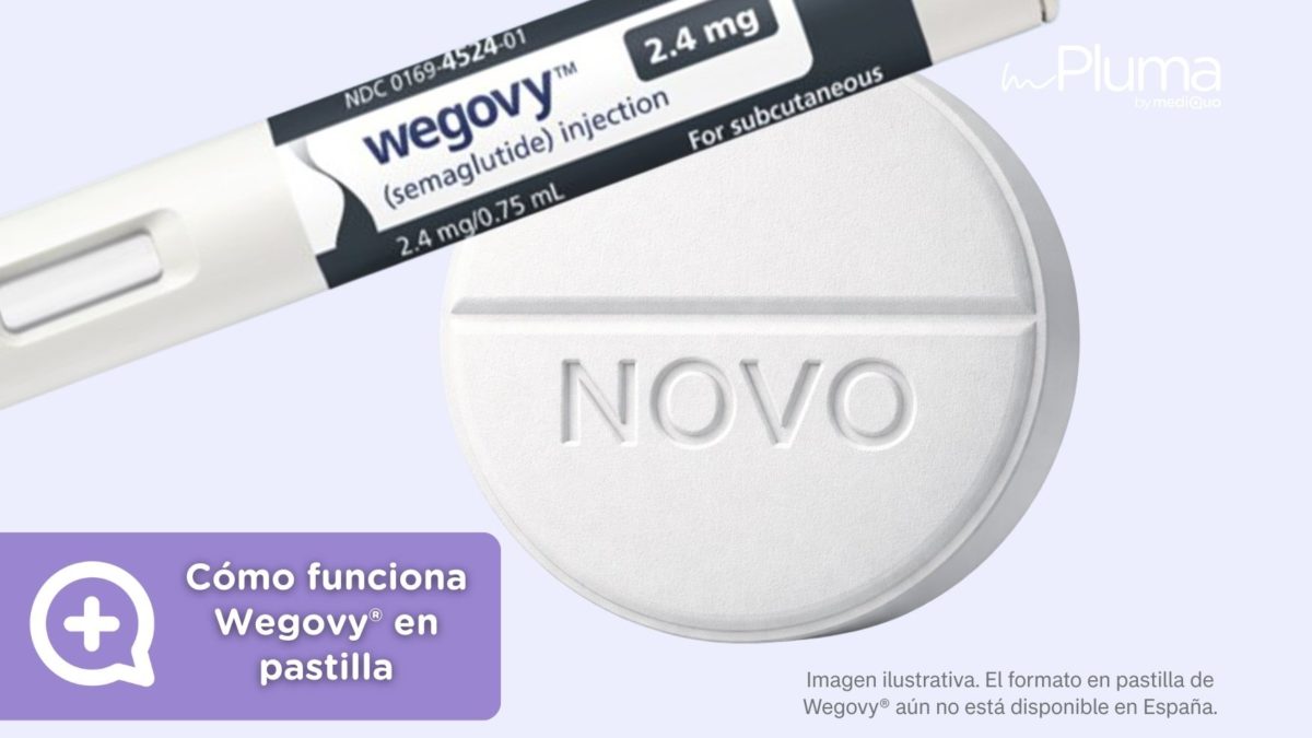Dispositivo inyectable de Wegovy® junto a una pastilla, ilustración sobre el funcionamiento de Wegovy® en formato oral para perder peso