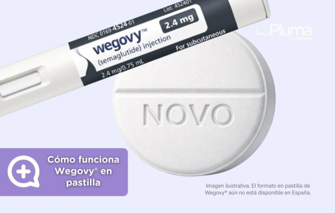 Dispositivo inyectable de Wegovy® junto a una pastilla, ilustración sobre el funcionamiento de Wegovy® en formato oral para perder peso