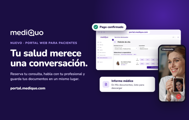 Portada del nuevo portal web para pacientes de mediQuo: un navegador muestra la selección de especialista y horario, y un móvil muestra una videoconsulta con una doctora y la paciente en una ventana pequeña. Junto a ellos, avisos de pago confirmado y de informe médico listo para descargar.