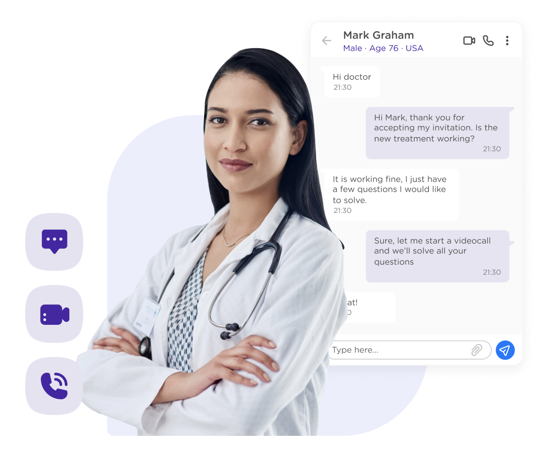 doctor, physician, sanitary professional. Chat, call, videocall.